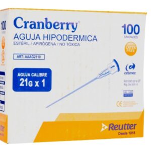 Aguja hipodérmica 21G x 1 . Cranberry, caja x 100 unidades